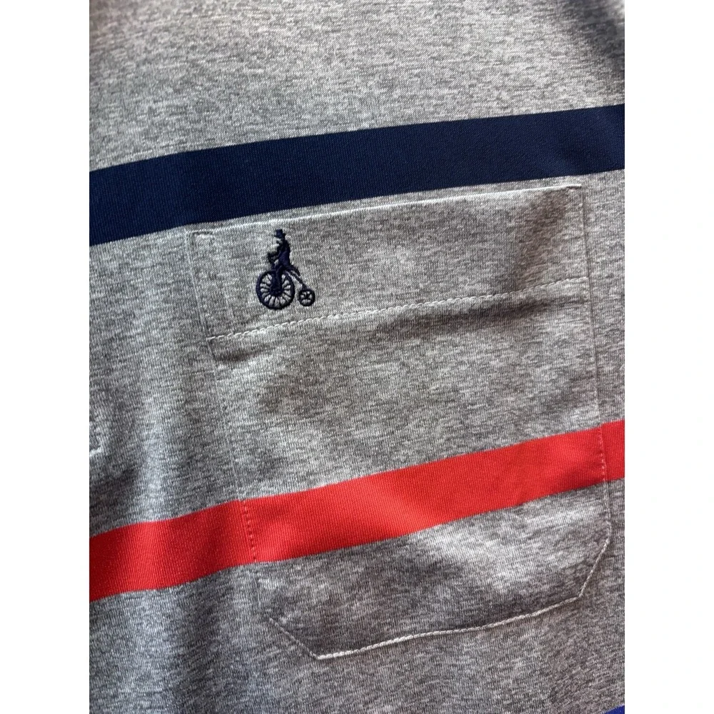 John Duke Paris Polo Shirt Men *Large Gray Striped Penny Farthing Embroider Logo